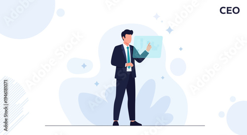 CEO interacting with futuristic holographic interface, business technology concept