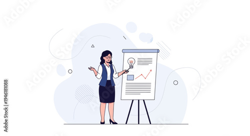 Businesswoman presenting idea on whiteboard with graph and lightbulb icon