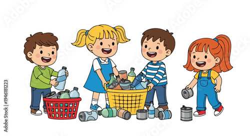 Four smiling children actively participate in recycling, separating plastic bottles, glass bottles, and metal cans into a red and a yellow basket.