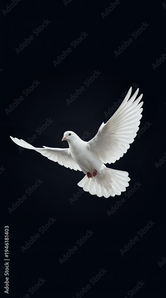 Fototapeta premium White dove flying with spread wings against dark background symbolizing peace, freedom and hope for spiritual and religious concepts.