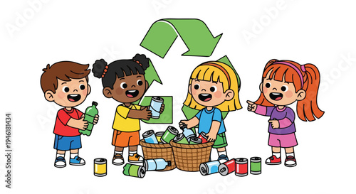 Four diverse children happily participate in recycling, collecting plastic bottles and aluminum cans into baskets under a large green recycling symbol.