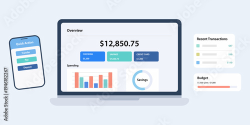 Flat vector landing page illustration of a comprehensive personal finance hub. Screens show account balances, spending charts, savings progress rings, and recent transaction lists.