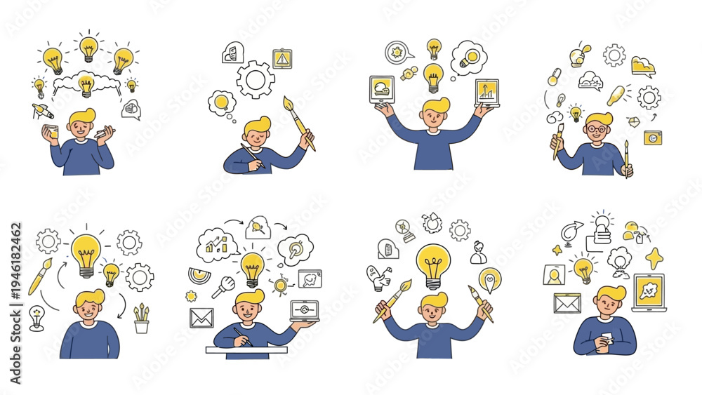 Fototapeta premium Creative Person Brainstorming Ideas and Concepts with Lightbulbs and Symbols.