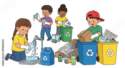 Diverse children are shown washing plastic bottles, cleaning glass jars, and sorting various recyclables into color-coded bins.