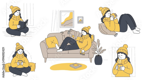 Cozy woman enjoying various relaxing activities at home during winter.