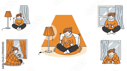 Cozy woman relaxing at home with a book and hot drink.