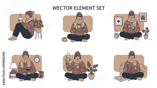 Cozy woman relaxing at home with various activities in a comfortable setting.