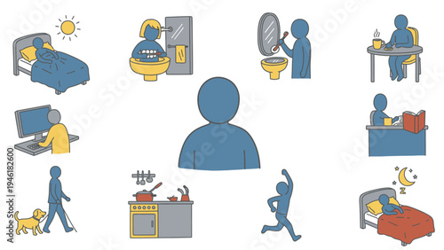 Daily routine of a person depicted through various activities and locations.