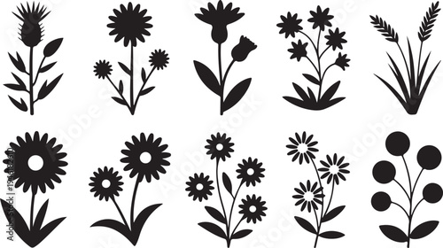 Diverse Collection of Black Flower and Plant Silhouettes Representing Natures Beauty