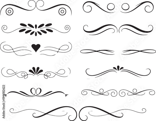 Elegant black scrollwork flourish dividers set for decorative text separation and vintage styling