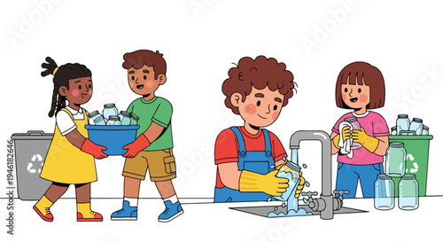 Four diverse children actively collect, wash, and sort glass jars into recycle bins, promoting environmental responsibility and teamwork.