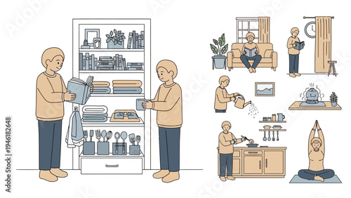 Elderly couple organizing their home and engaging in daily activities.