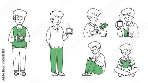 Hand-drawn illustration of a young man enjoying various relaxing activities.