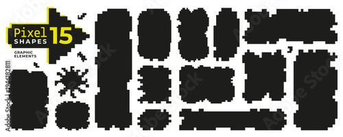 Pixelated label shape collection with blocky 8bit frames and badges isolated on white background for retro design. Vintage digital elements and glitch aesthetics