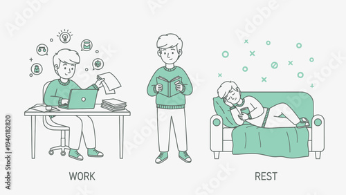 Man working, reading, and resting, illustrating a balanced lifestyle.