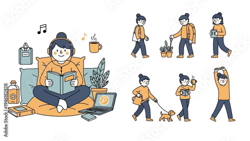 People enjoying various daily activities and hobbies at home and outdoors.