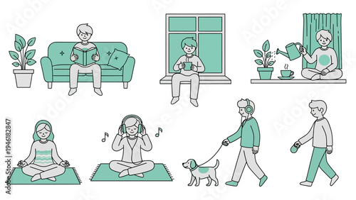 People engaging in various relaxing activities at home and outdoors.