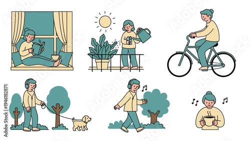 People enjoying various relaxing and healthy lifestyle activities outdoors and indoors.