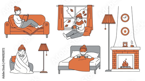 People feeling sick and cold at home during autumn season.