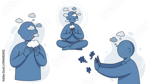 People meditating and thinking with clouds above their heads.