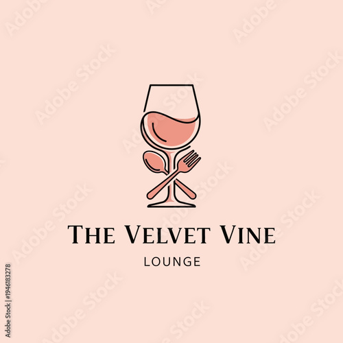 Elegant logo for 'The Velvet Vine Lounge' featuring a stylized wine glass with a spoon and fork crossed inside, set against a soft peach background.