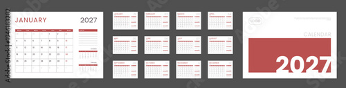 Set 12 Pages Monthly Calendar Planner Templates 2027 year, Cover with Place for Photo and Company Logo. Vector layout wall, desk calendar grid for print. Week start Monday. Page mockup size A4