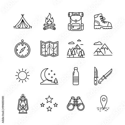 A collection of line art icons representing various camping and outdoor adventure essentials, including a tent, campfire, backpack, and hiking boot.