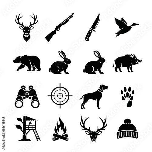 Collection of hunting-related icons including animals, weapons, and equipment, presented in a black and white silhouette style.
