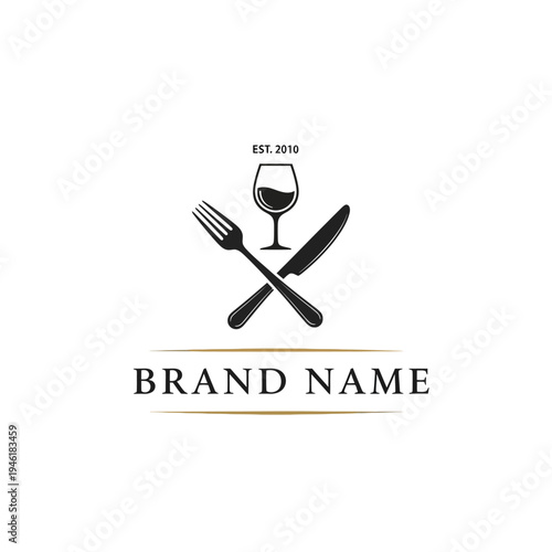 A minimalist black and white logo featuring a wine glass, fork, and knife, with the text "BRAND NAME" and "EST. 2010" below.
