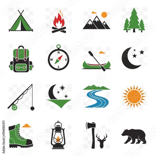 Collection of outdoor adventure and camping icons, including a tent, campfire, backpack, compass, canoe, and wildlife.