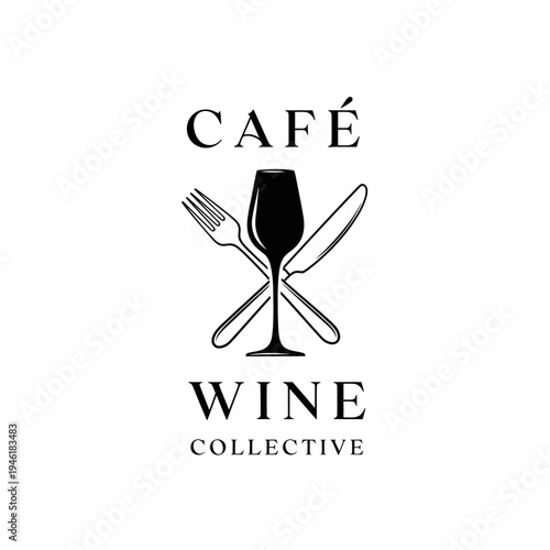 Elegant logo for Cafe Wine Collective featuring a wine glass crossed with a fork and knife, symbolizing dining and beverages.