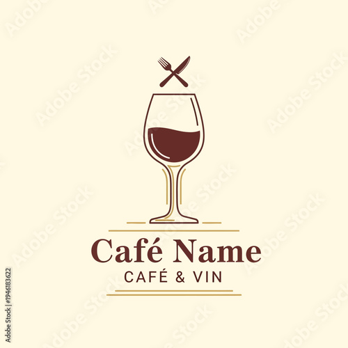 A minimalist logo design featuring a wine glass with a fork and knife above it, symbolizing a cafe and wine establishment.