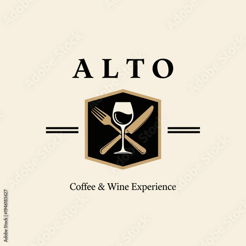 Alto Coffee and Wine Experience logo featuring a fork, knife, and wine glass within a hexagonal emblem.