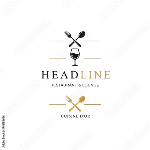 Elegant logo for a restaurant and lounge named 'Headline Cuisine D'Or', featuring crossed cutlery, a wine glass, and sophisticated typography.
