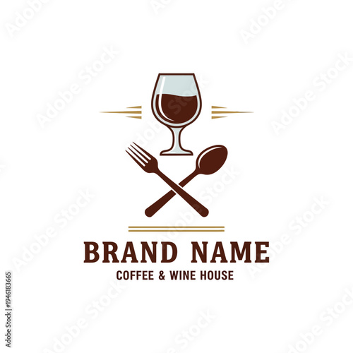 A logo for a coffee and wine house featuring a wine glass, fork, and spoon, with the text "BRAND NAME COFFEE & WINE HOUSE".