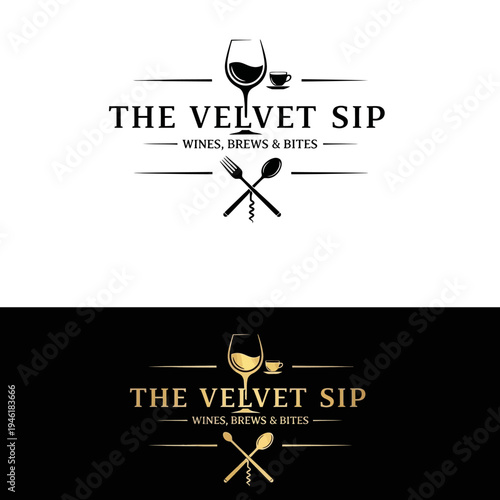 Elegant logo design for 'The Velvet Sip' featuring a wine glass, coffee cup, and cutlery, presented in both black and white and gold on black versions.