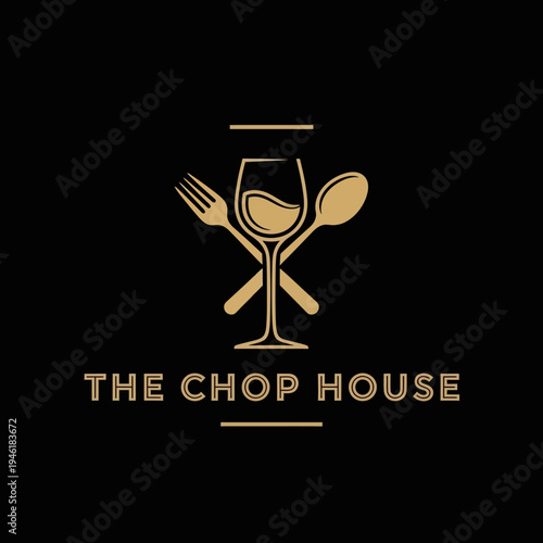 Elegant logo for 'The Chop House' restaurant featuring a wine glass with a fork and spoon, set against a black background.