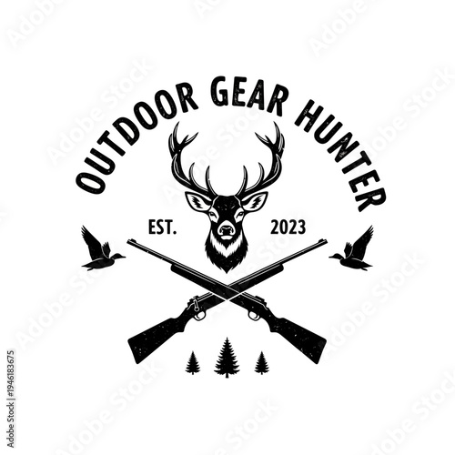 Vintage emblem featuring a deer head, crossed shotguns, flying ducks, and pine trees, representing outdoor hunting and gear.