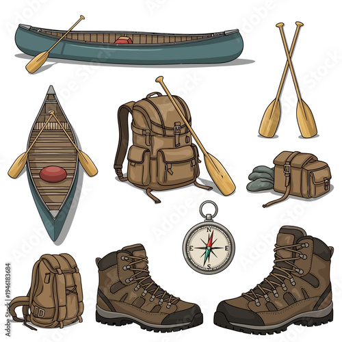 A collection of outdoor adventure and camping gear, including canoes, backpacks, boots, paddles, and a compass.