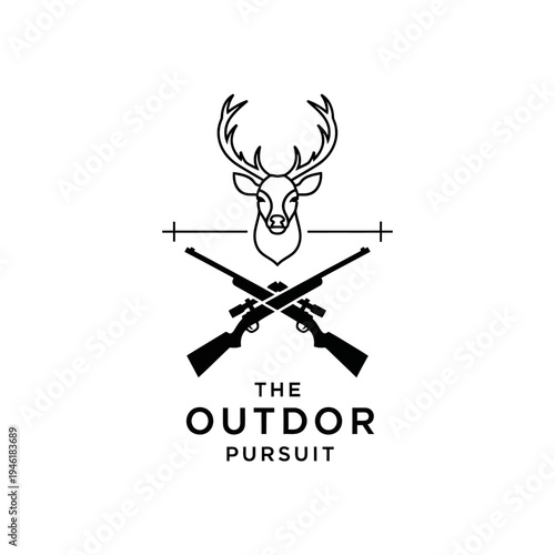 A minimalist black and white logo featuring a stag's head above crossed rifles and the text "The Outdoor Pursuit".