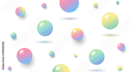 Colorful rainbow bubbles float in air with reflections and shadows
