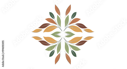 A symmetrical arrangement of colorful leaves forms a flower-like pattern on a white background in a graphic design.