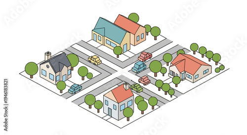 Aerial view of a suburban neighborhood with houses and trees on a grid street layout.
