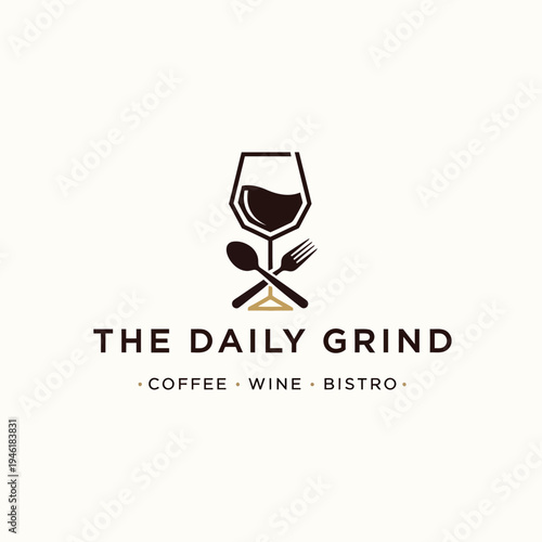 Logo for The Daily Grind featuring a wine glass, crossed spoon and fork, and text 'Coffee Wine Bistro' on a light background.