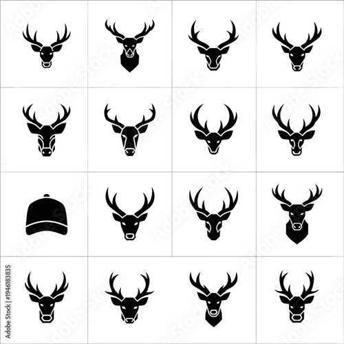 Collection of black silhouette deer and stag head icons with various antler designs, alongside a single baseball cap silhouette.