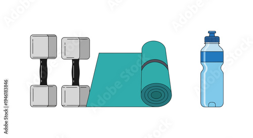 Exercise equipment and accessories laid out for a workout session indoors