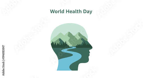 World Health Day vector illustration, green profile with nature landscape