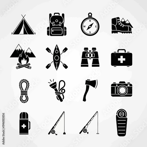 Black and white icons representing various outdoor adventure, camping, hiking, and fishing equipment and activities.