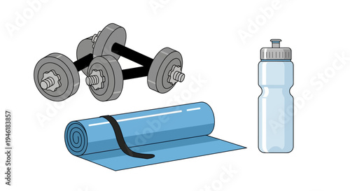 Fitness equipment laid out for a workout session indoors with dumbbells