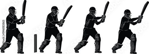 Cricket batsman silhouette vector set, player batting action sequence sports illustration isolated on white background collection design
